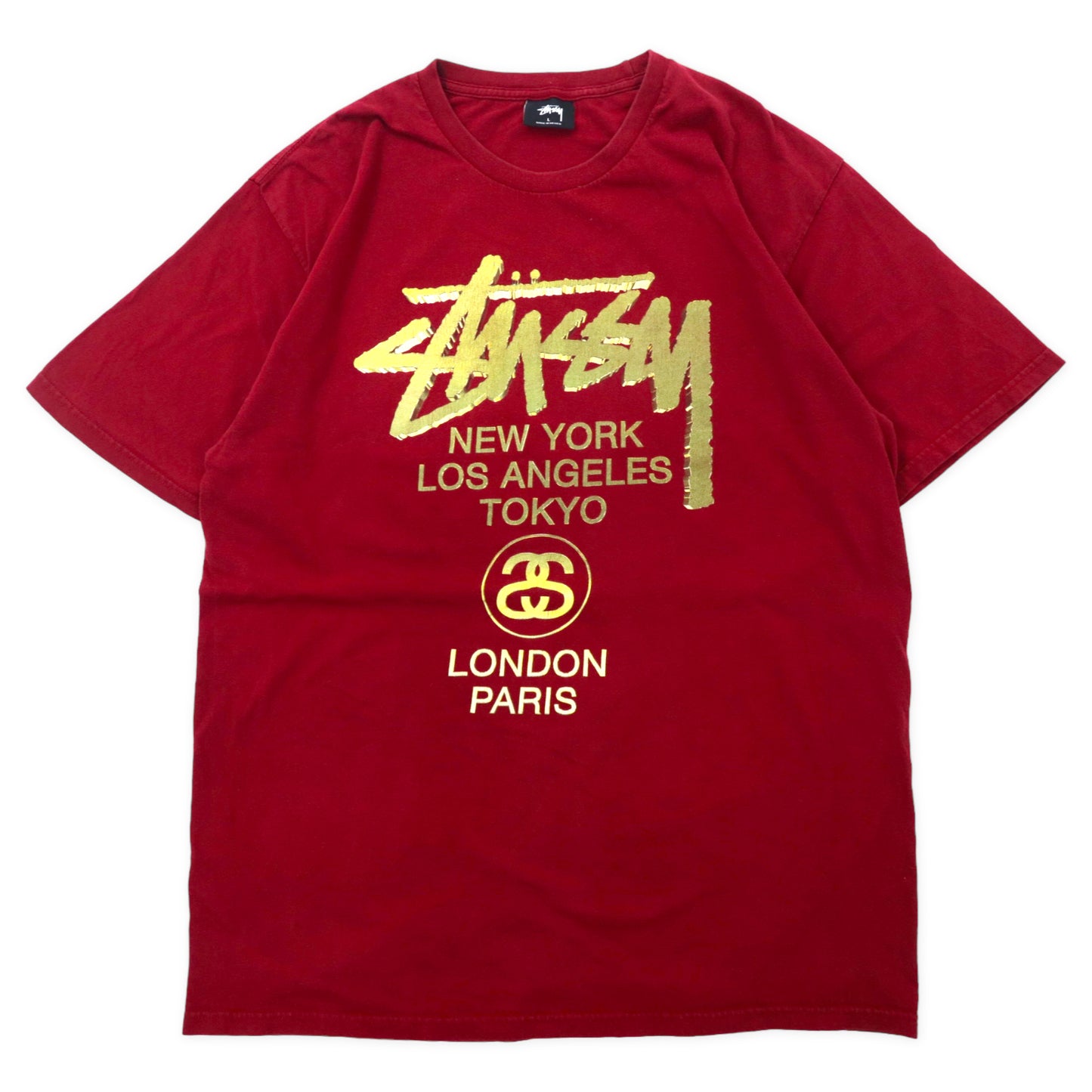 STUSSY World Tour T-SHIRT L Red Cotton Double-sided Print Logo