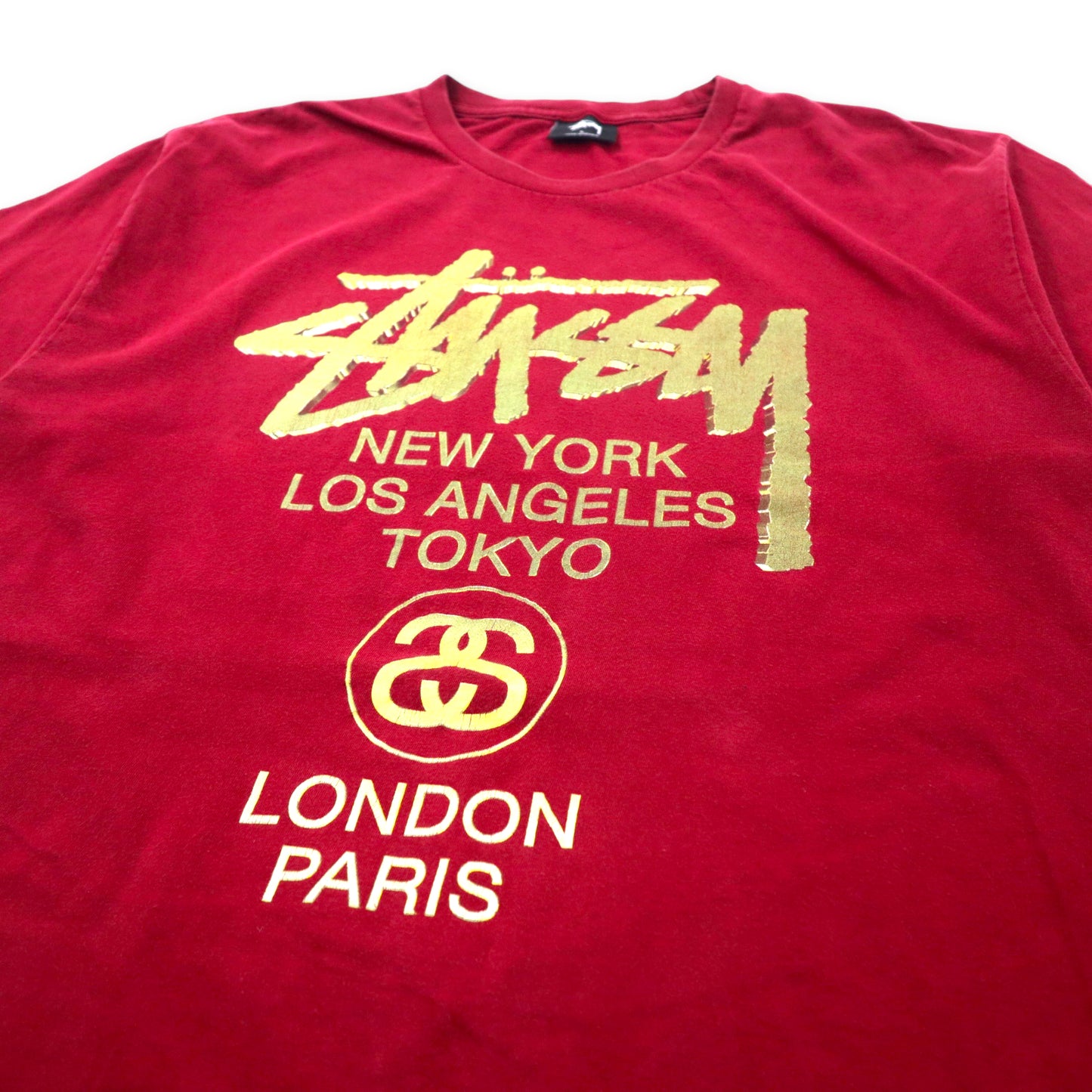 STUSSY World Tour T-SHIRT L Red Cotton Double-sided Print Logo 