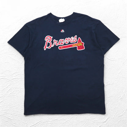 Majestic 90年代 ベースボール プリント Tシャツ 2XL ネイビー MLB Braves ナンバリング メキシコ製