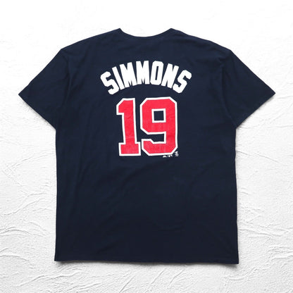 Majestic 90年代 ベースボール プリント Tシャツ 2XL ネイビー MLB Braves ナンバリング メキシコ製