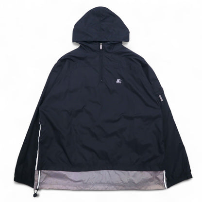 STARTER Layered Anorak Parka Half Zip Nylon Jacket L Black One Point Logo Embroidery