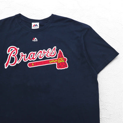 Majestic 90年代 ベースボール プリント Tシャツ 2XL ネイビー MLB Braves ナンバリング メキシコ製