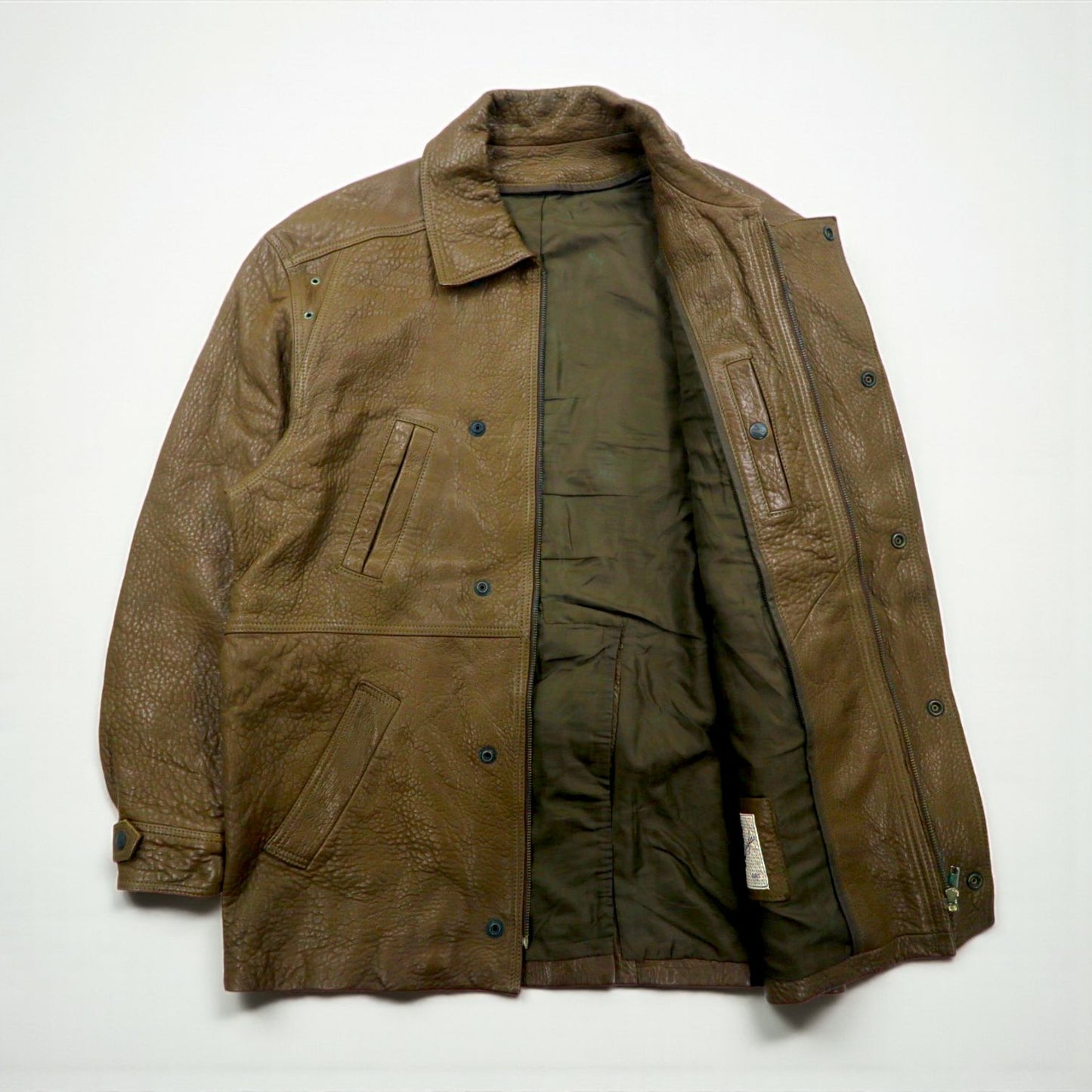 80s France Vintage Belted Leather Jacket シボ革 レザーコート XL 比翼 ベルト付き 80年代 フランス製 McDouglas PARIS