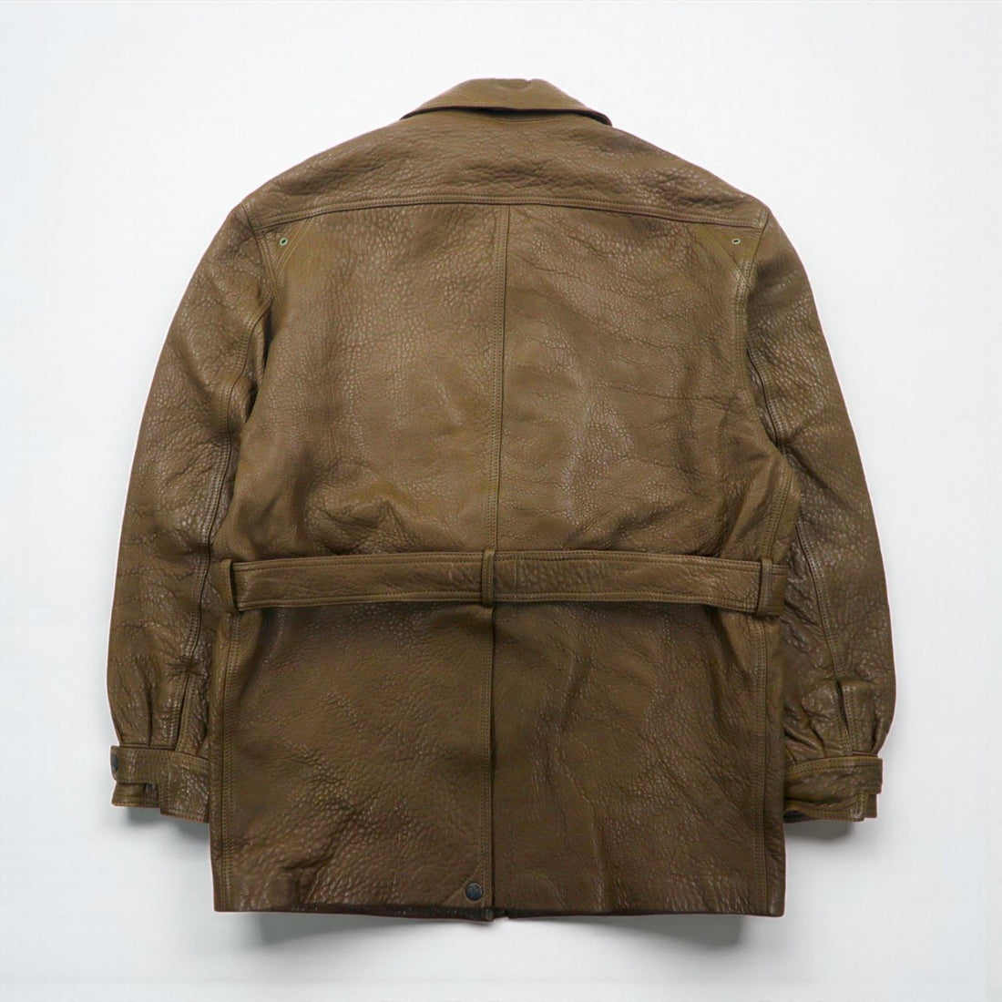 80s France Vintage Belted Leather Jacket シボ革 レザーコート XL 比翼 ベルト付き 80年代 フランス製 McDouglas PARIS