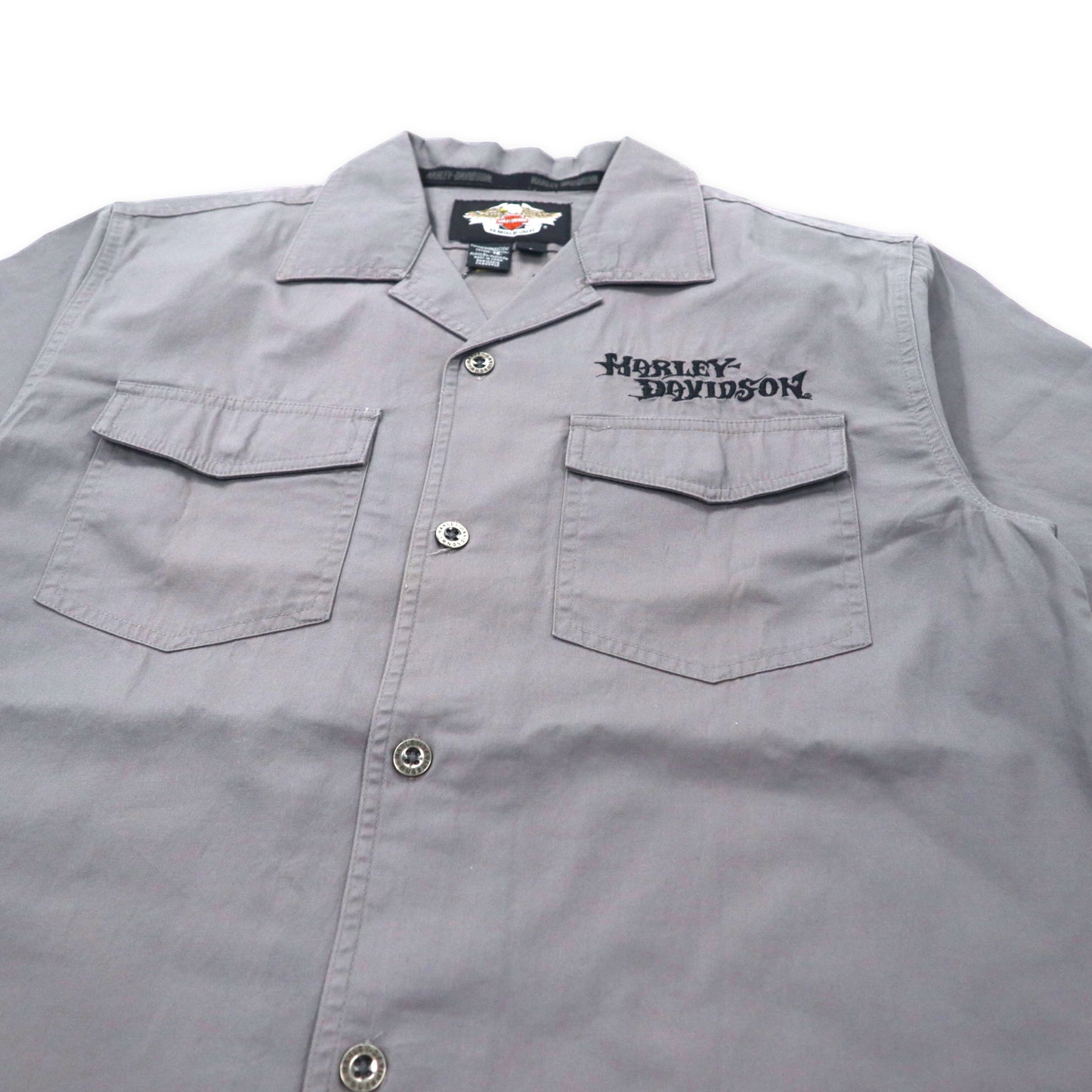 HARLEY DAVIDSON 半袖 オープンカラー ワークシャツ S グレー コットン バックロゴ刺繍