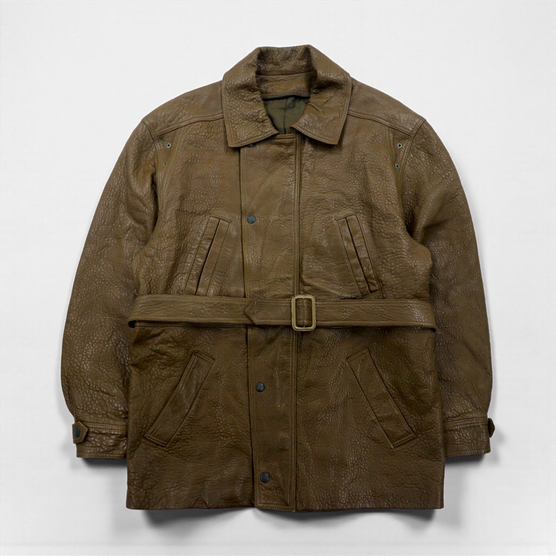 80s France Vintage Belted Leather Jacket シボ革 レザーコート XL 比翼 ベルト付き 80年代 フランス製 McDouglas PARIS