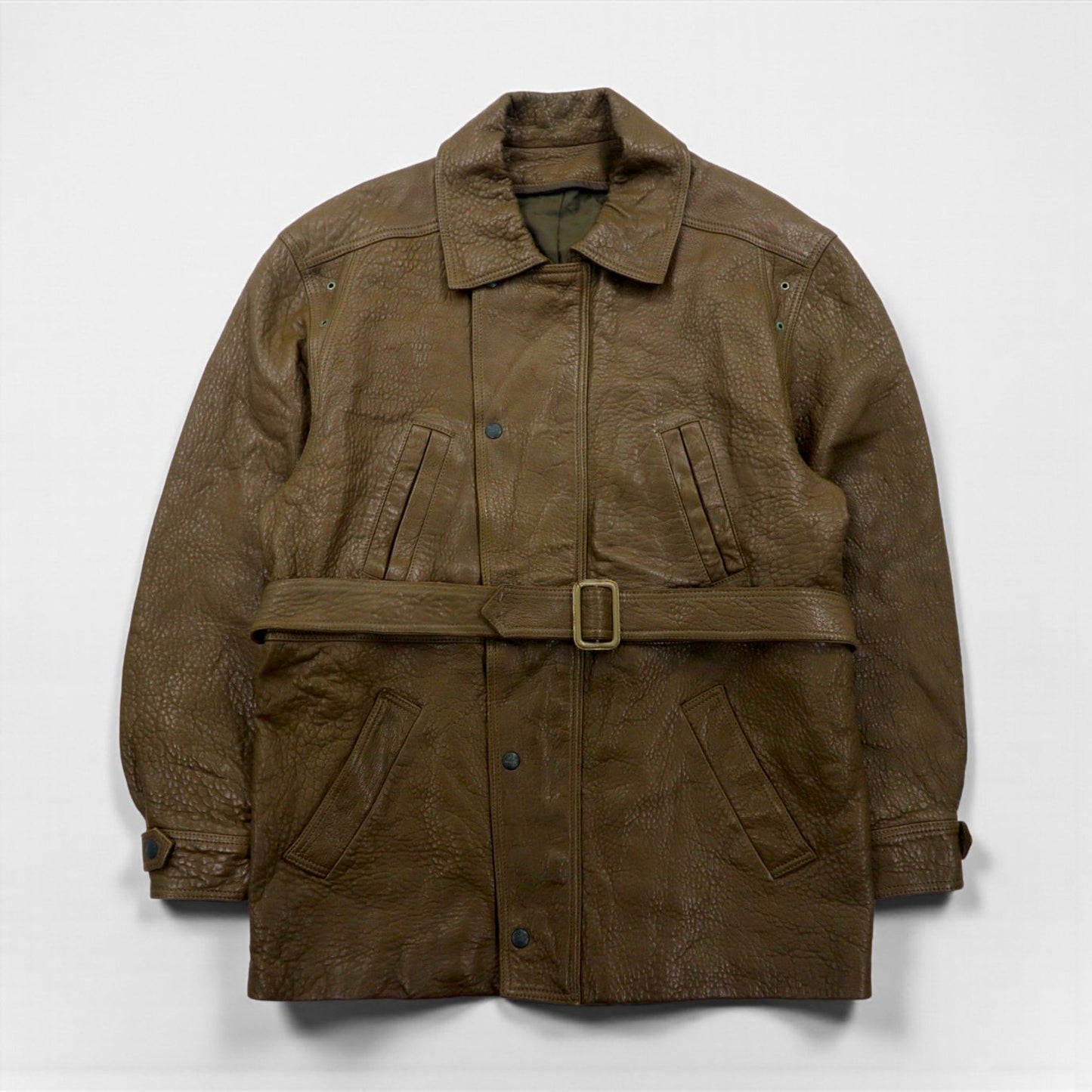 80s France Vintage Belted Leather Jacket シボ革 レザーコート XL 比翼 ベルト付き 80年代 フランス製 McDouglas PARIS