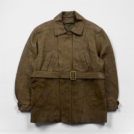 80s France Vintage Belted Leather Jacket シボ革 レザーコート XL 比翼 ベルト付き 80年代 フランス製 McDouglas PARIS