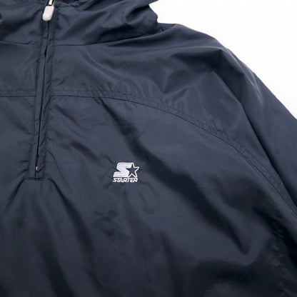STARTER Layered Anorak Parka Half Zip Nylon Jacket L Black One Point Logo Embroidery