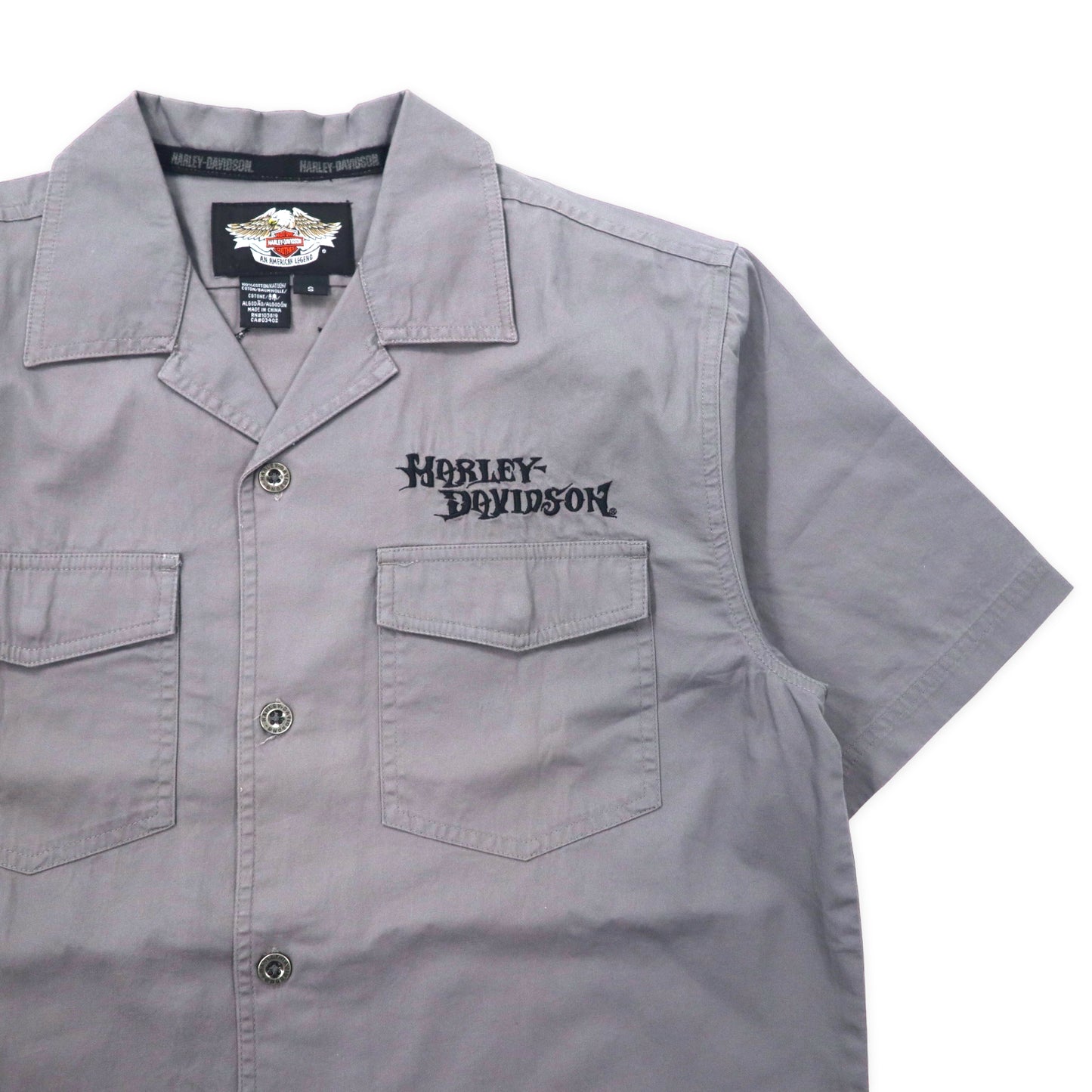 HARLEY DAVIDSON 半袖 オープンカラー ワークシャツ S グレー コットン バックロゴ刺繍