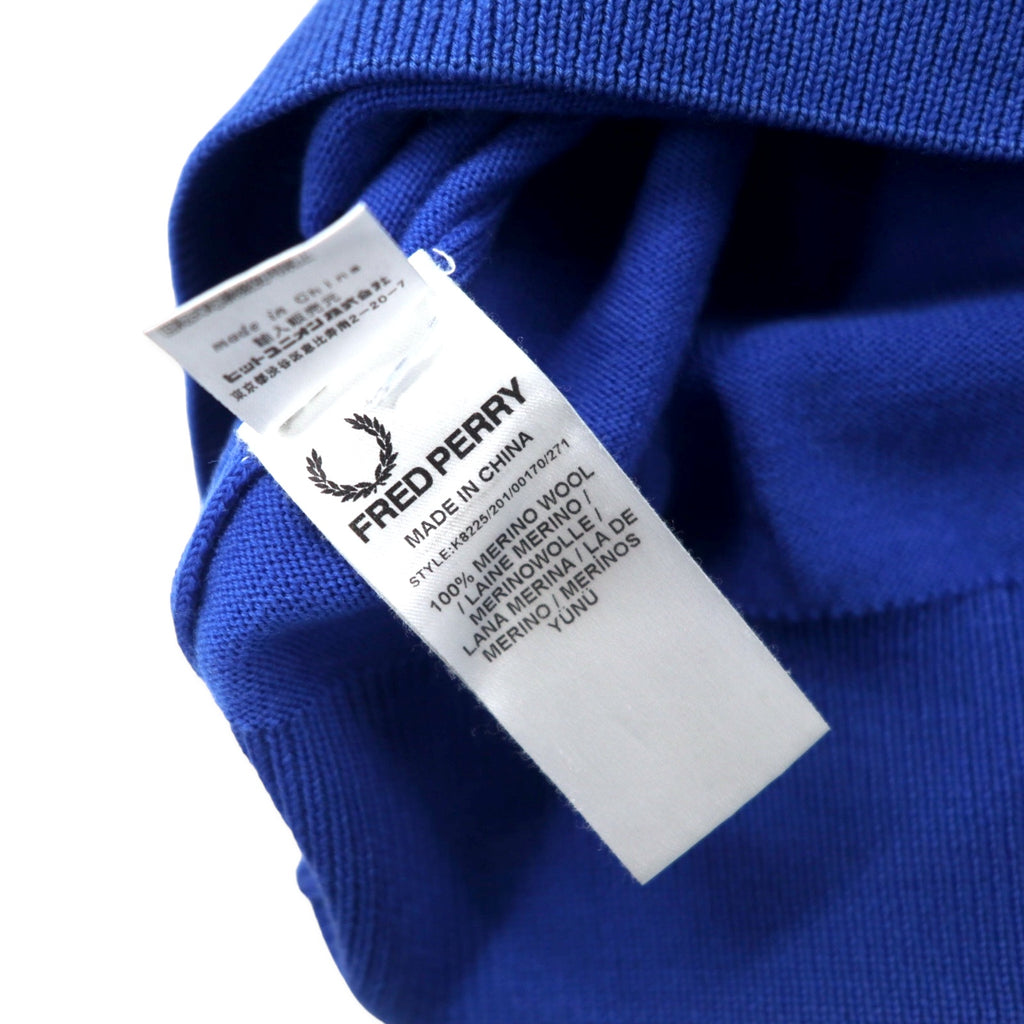 FRED PERRY Vネック メリノウール ニット セーター S ブルー ワンポイントロゴ刺繍 K8225