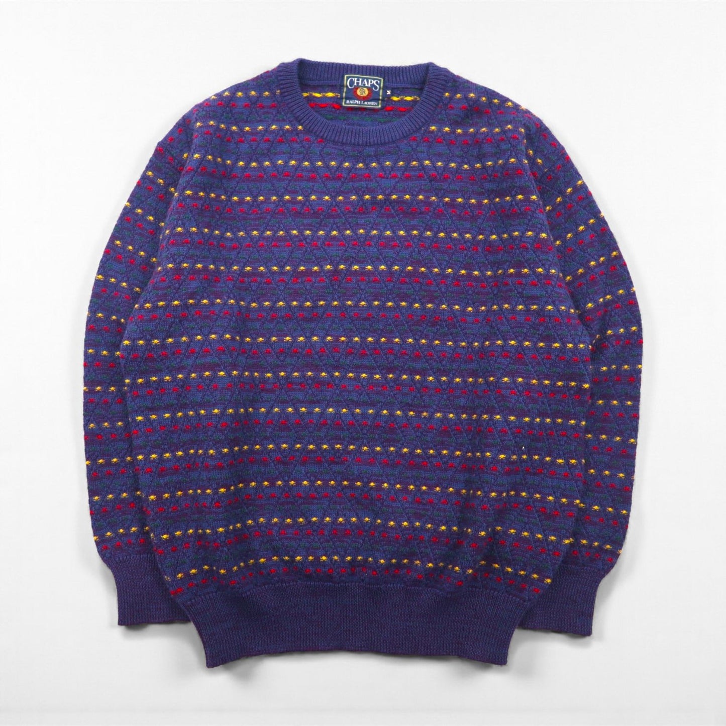 CHAPS RALPH LAUREN 90年代 日本製 クルーネック 総柄 ニット セーター M ネイビー ウール