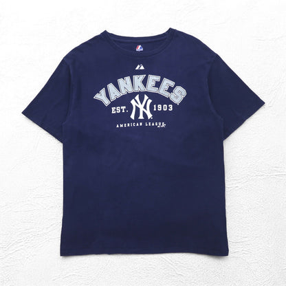 majestic ベースボール プリント Tシャツ L ネイビー MLB NEWYORK YANKEES ホンジュラス製
