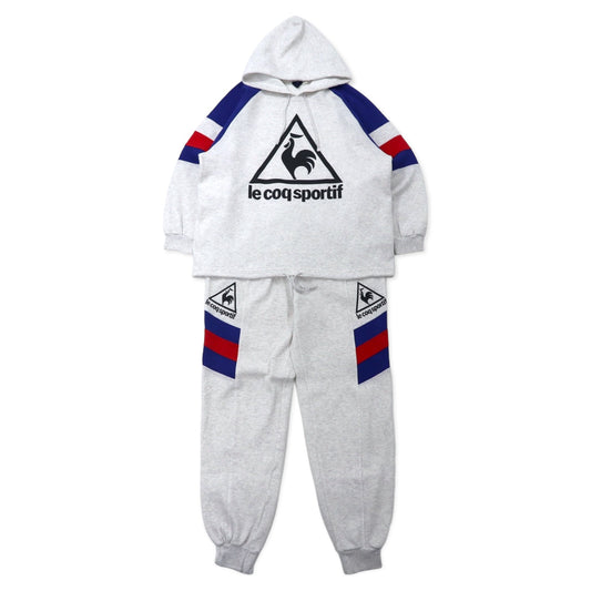 日本然リトテ-古着オンライン-le coq sportif 90年代 ロゴプリント プルオーバーパーカー セットアップ ジャージ LL グレー トリコロール ポリエステル コットン 日本製-LE Coq Sportif 90s Logo Print Pullover HOODIE Setup Jersey LL Gray Tricolor Polyester Cotton Japan MADE