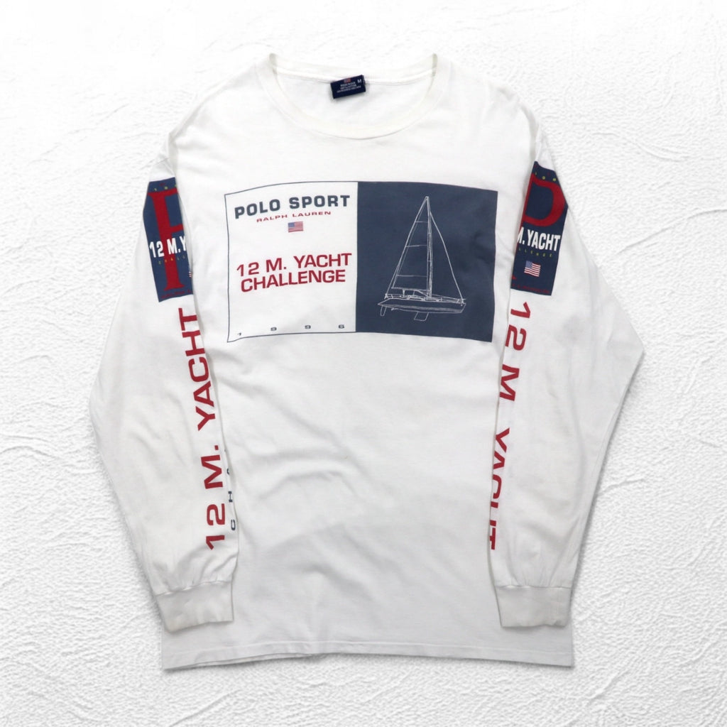 POLO SPORT RALPH LAUREN 90s USA Made Long Sleeve T-Shirt Long T XL White 12M. YACHT CHALLENGE Sleeve Print