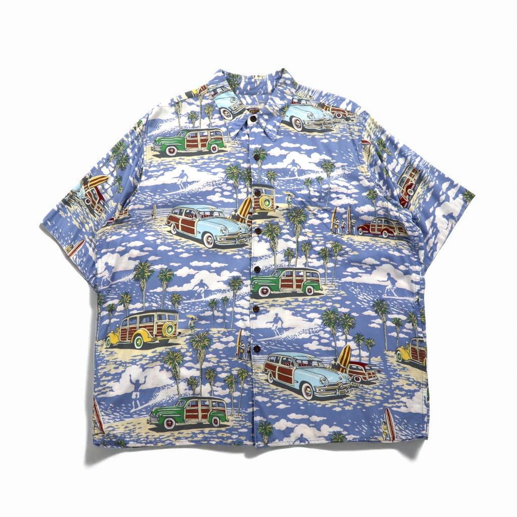 ART OF EDDY Y by REYN SPOONER 90s Hawaiian-Made Classic Car Aloha Shirt, Size XL, Blue, Spun Rayon