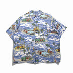 ART OF EDDY Y by REYN SPOONER 90s Hawaiian-Made Classic Car Aloha Shirt, Size XL, Blue, Spun Rayon