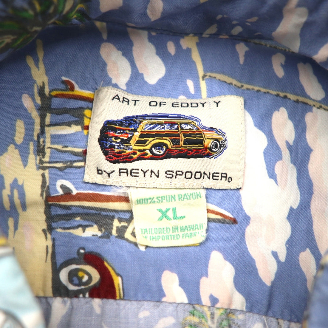 ART OF EDDY Y by REYN SPOONER 90s Hawaiian-Made Classic Car Aloha Shirt, Size XL, Blue, Spun Rayon