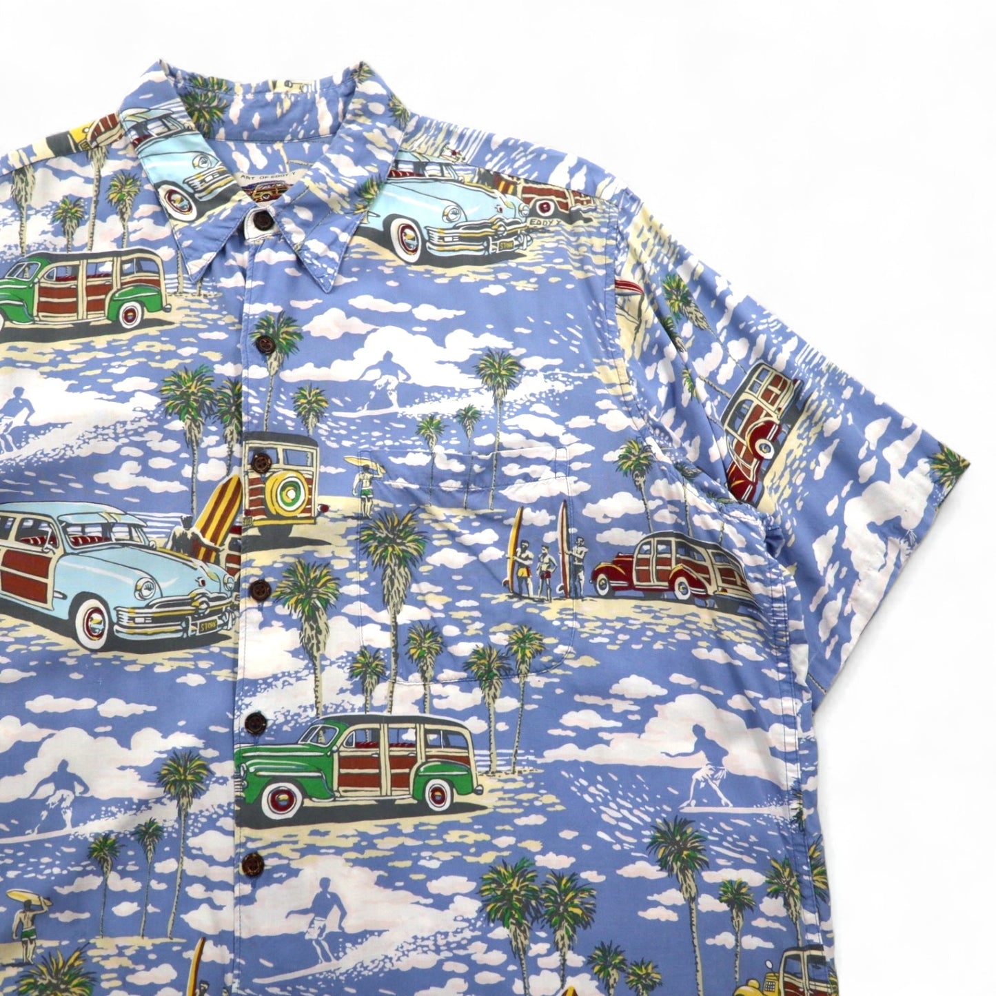 ART OF EDDY Y by REYN SPOONER 90年代 ハワイ製 クラシックカー アロハシャツ XL ブルー スパンレーヨン