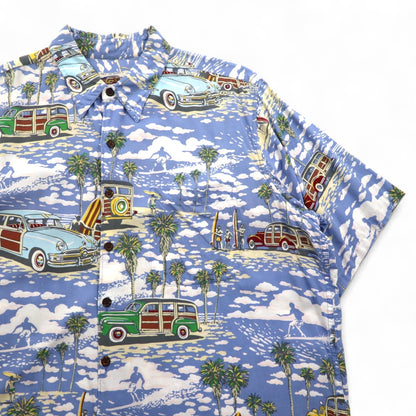 ART OF EDDY Y by REYN SPOONER 90年代 ハワイ製 クラシックカー アロハシャツ XL ブルー スパンレーヨン