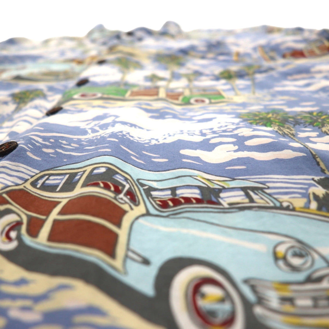 ART OF EDDY Y by REYN SPOONER 90s Hawaiian-Made Classic Car Aloha Shirt, Size XL, Blue, Spun Rayon