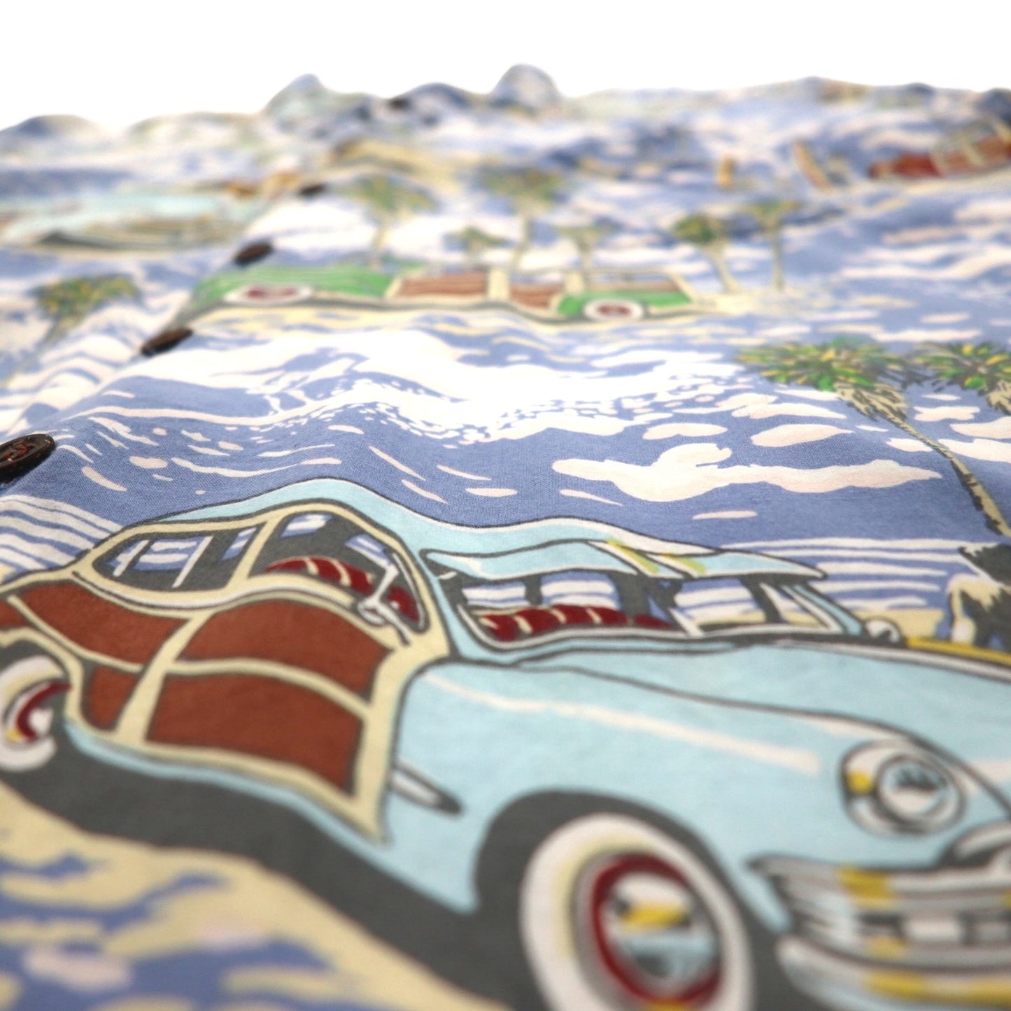 ART OF EDDY Y by REYN SPOONER 90年代 ハワイ製 クラシックカー アロハシャツ XL ブルー スパンレーヨン