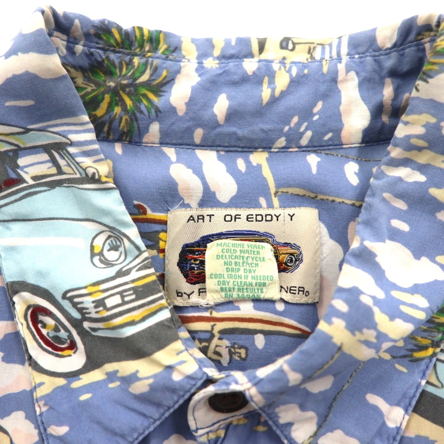 ART OF EDDY Y by REYN SPOONER 90年代 ハワイ製 クラシックカー アロハシャツ XL ブルー スパンレーヨン