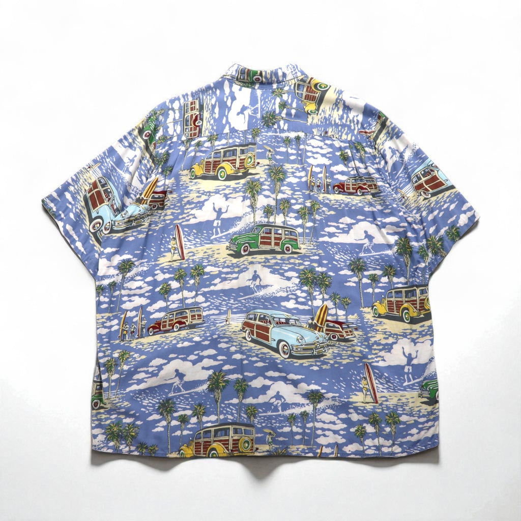 ART OF EDDY Y by REYN SPOONER 90s Hawaiian-Made Classic Car Aloha Shirt, Size XL, Blue, Spun Rayon