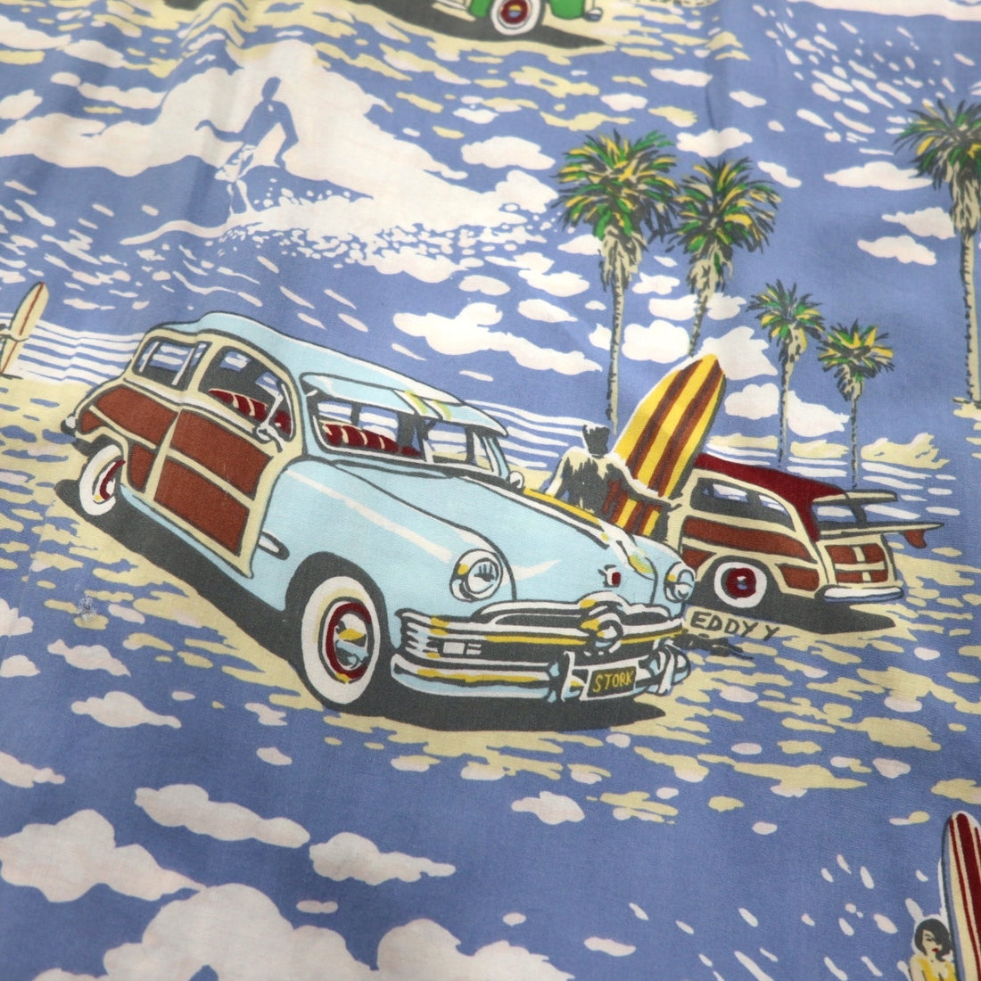 ART OF EDDY Y by REYN SPOONER 90s Hawaiian-Made Classic Car Aloha Shirt, Size XL, Blue, Spun Rayon