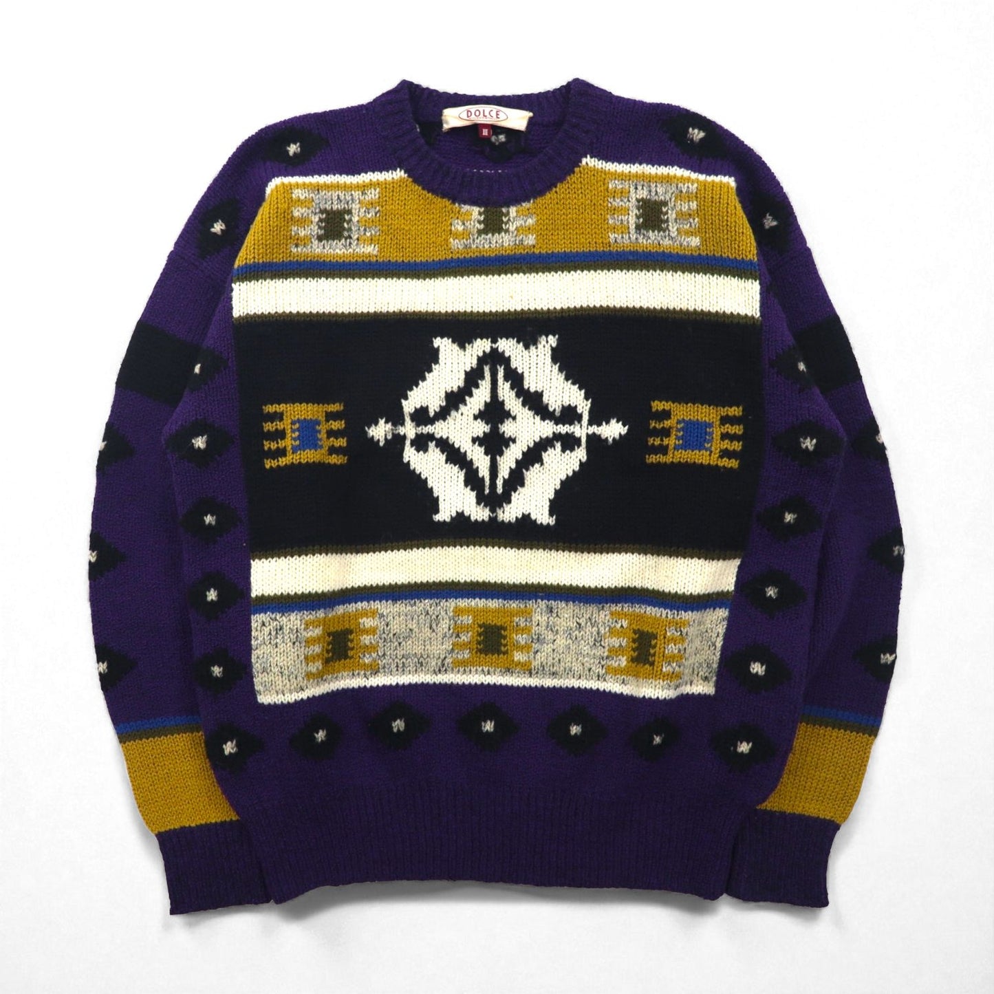 DOLCE 80s Japan Vintage Knit 総柄 ニット セーター L パープル ウール モヘア混 80年代 日本製