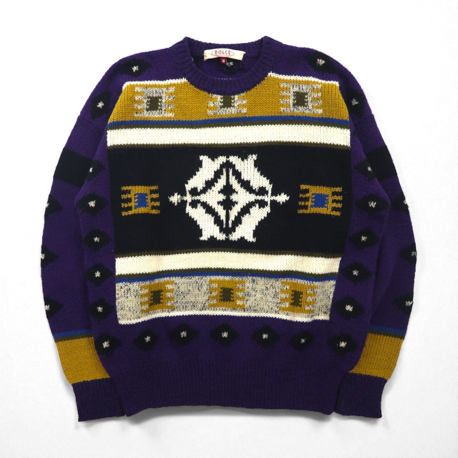 DOLCE 80s Japan Vintage Knit 総柄 ニット セーター L パープル ウール モヘア混 80年代 日本製