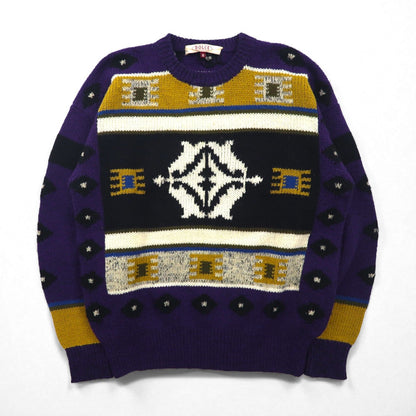 DOLCE 80s Japan Vintage Knit 総柄 ニット セーター L パープル ウール モヘア混 80年代 日本製