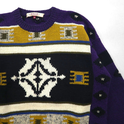 DOLCE 80s Japan Vintage Knit 総柄 ニット セーター L パープル ウール モヘア混 80年代 日本製