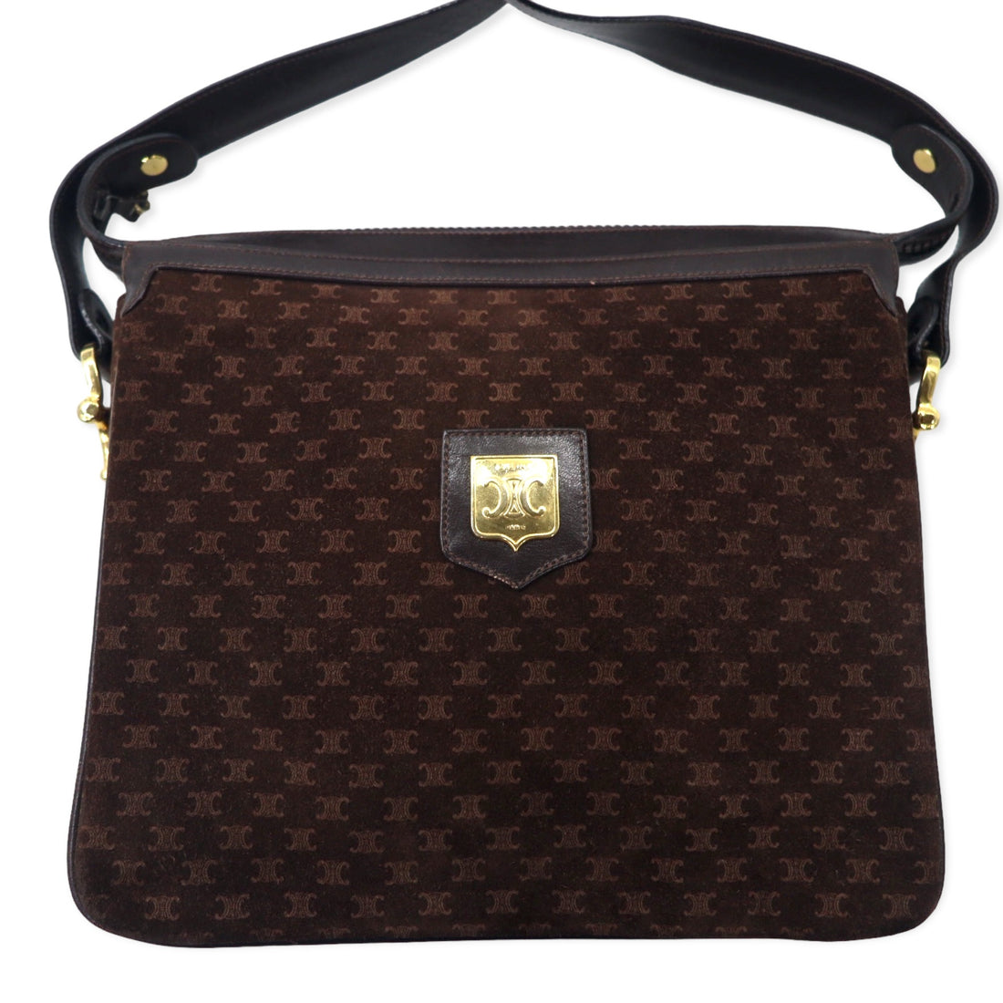 CELINE オールド マカダム ショルダーバッグ ブラウン スエードレザー トリオンフ ロゴプレート イタリア製