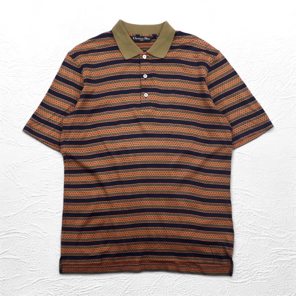 Christian Dior SPORTS 90s Striped Polo Shirt L Khaki Navy Cotton Made in Japan