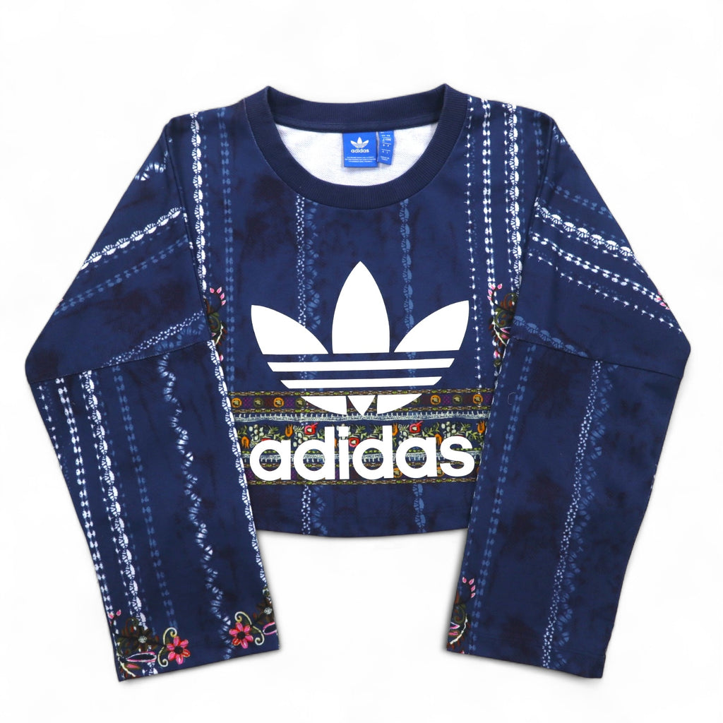 adidas originals cropped sweatshirt M navy polyester all-over print trefoil logo Cirande Sweat AY6896