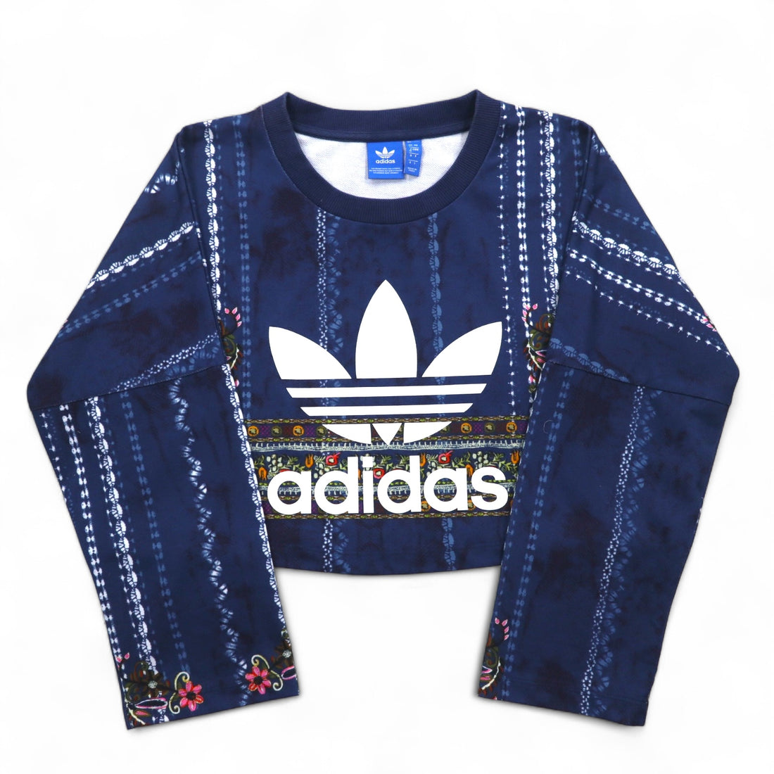 adidas originals cropped sweatshirt M navy polyester all-over print trefoil logo Cirande Sweat AY6896