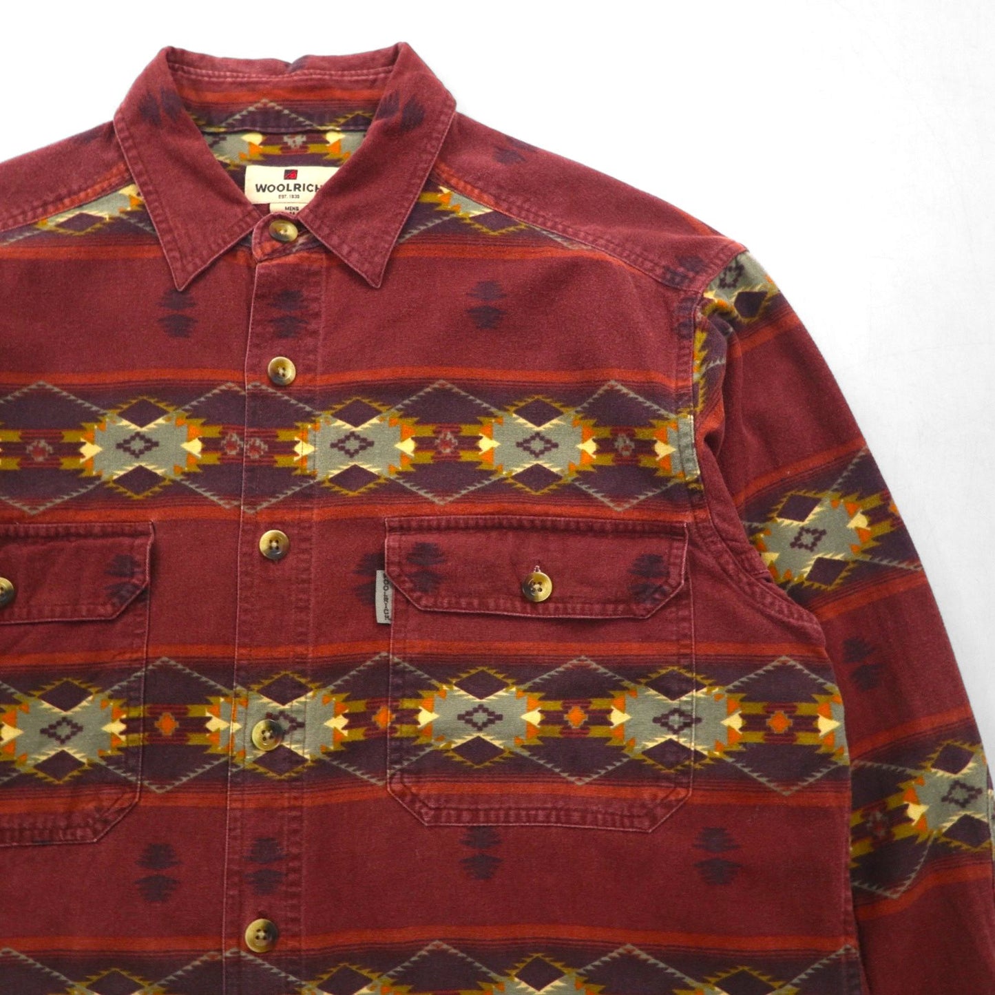 Woolrich Native American Print Work Shirt, Size M, Bordeaux, All-Over Print, Cotton, Chest Pocket, Aztec Stripe