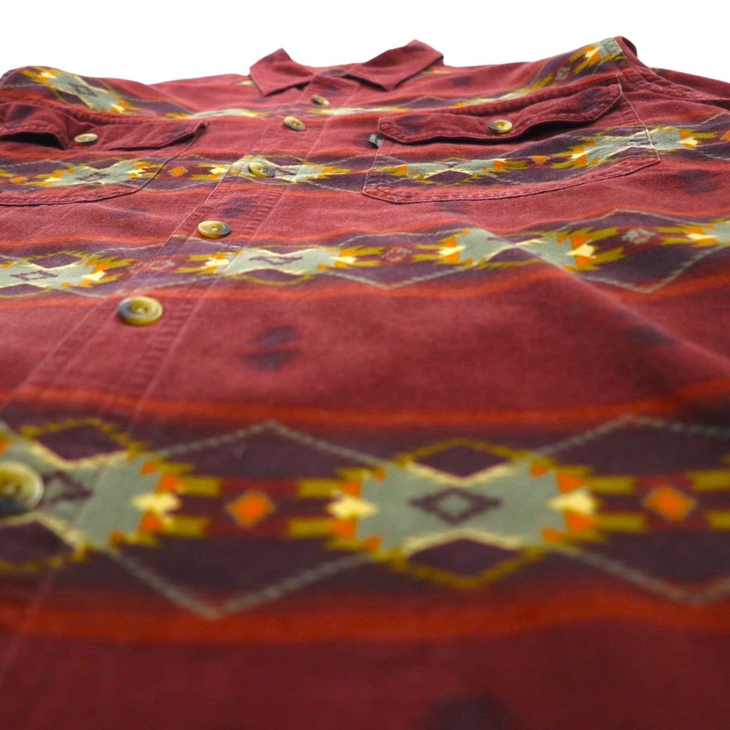 Woolrich Native American Print Work Shirt, Size M, Bordeaux, All-Over Print, Cotton, Chest Pocket, Aztec Stripe