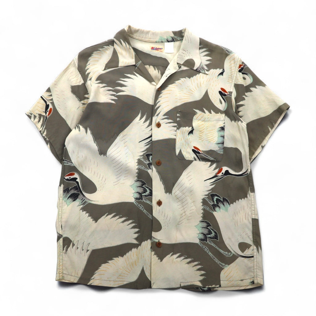SUN SURF (Toyo Enterprises) Early Edition Japanese Crane Aloha Shirt with Old Tag, Size M, Khaki Rayon, 511, M3241B