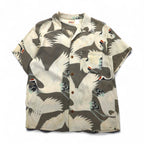 SUN SURF (Toyo Enterprises) Early Edition Japanese Crane Aloha Shirt with Old Tag, Size M, Khaki Rayon, 511, M3241B