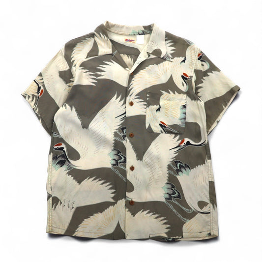 SUN SURF ( 東洋エンタープライズ ) 初期 旧タグ 和柄 鶴 アロハシャツ M カーキ レーヨン 511 M3241B