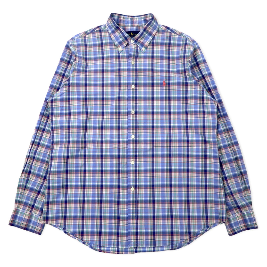 日本然リトテ-古着オンライン-RALPH LAUREN ボタンダウンシャツ L ブルー チェック コットン スモールポニー刺繍-RALPH LAUREN button-down Shirts L Blue Checked Cotton Small Pony Embroidery