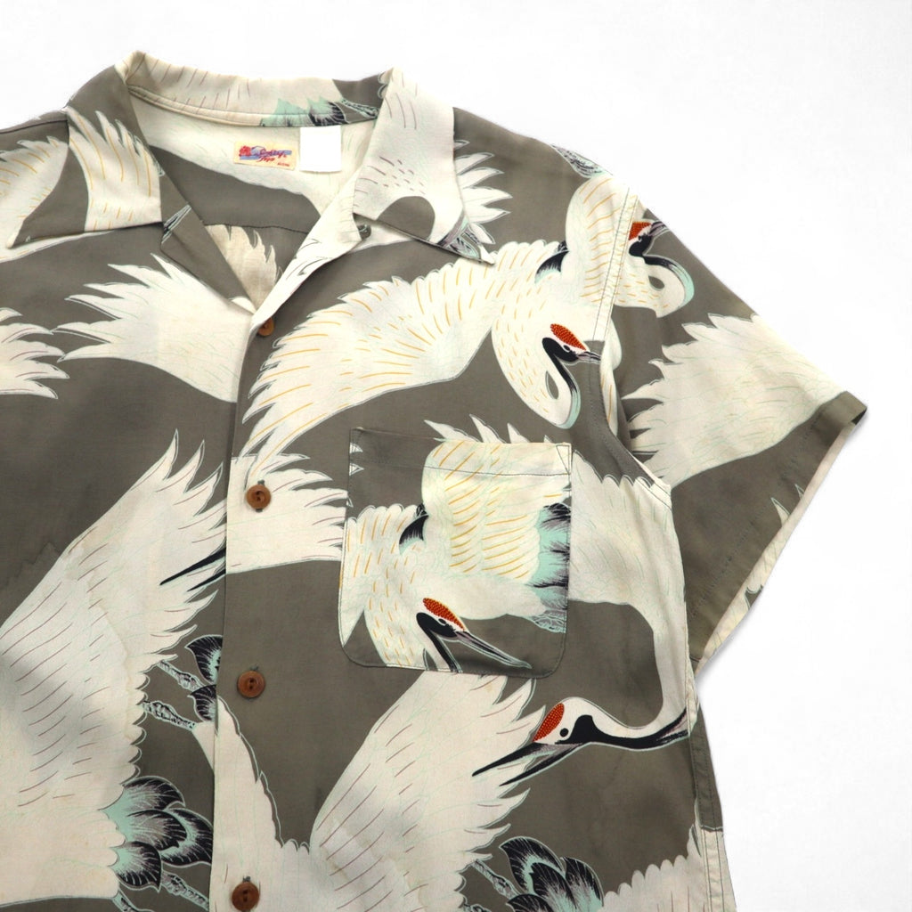 SUN SURF (Toyo Enterprises) Early Edition Japanese Crane Aloha Shirt with Old Tag, Size M, Khaki Rayon, 511, M3241B
