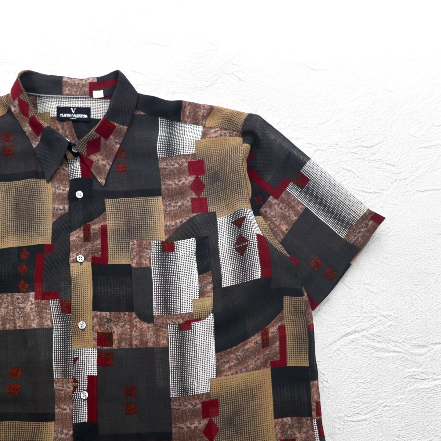 90s Big Size Short Sleeve Retro All-Over Print Polyester Shirt CLAUDIO VALENTINO 4XL Black All-Over Print