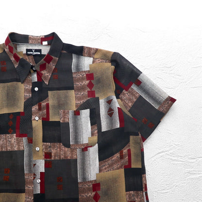 90s Big Size Short Sleeve Retro All-Over Print Polyester Shirt CLAUDIO VALENTINO 4XL Black All-Over Print