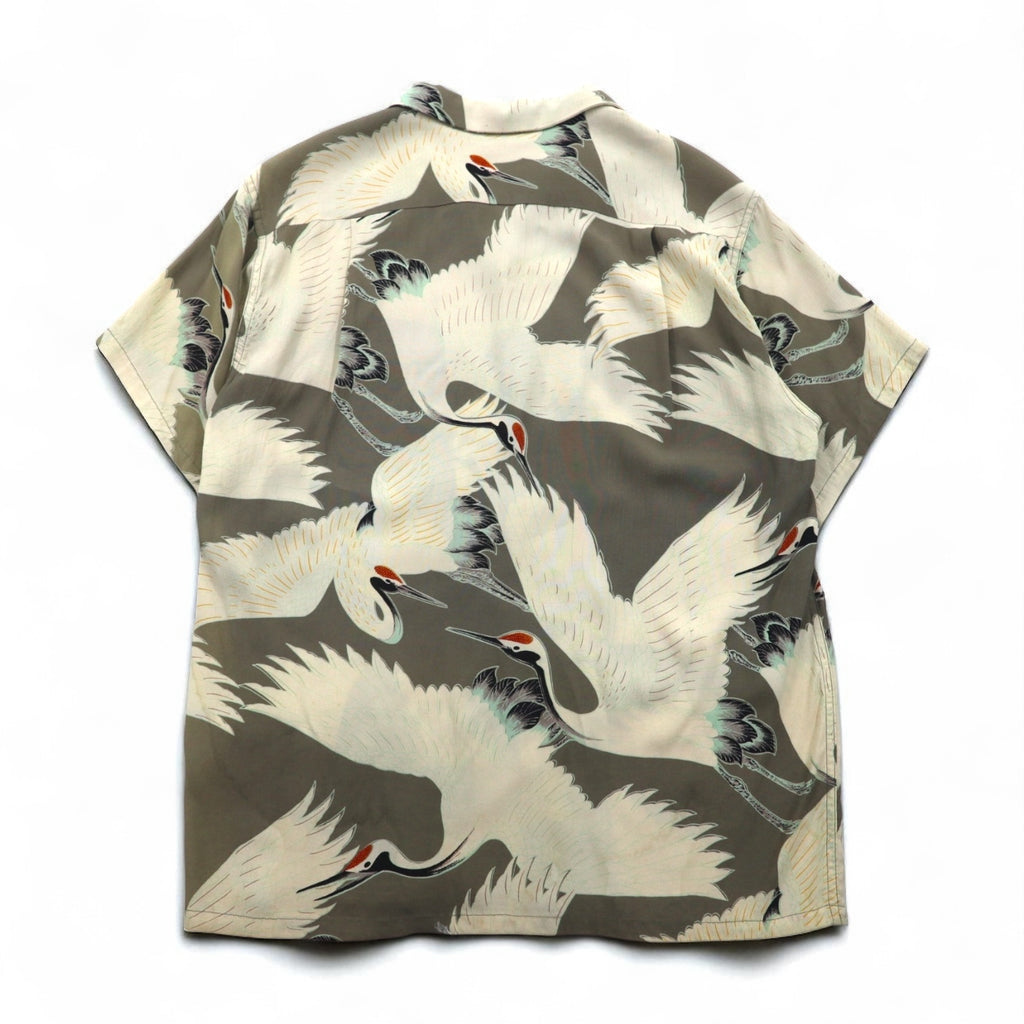 SUN SURF (Toyo Enterprises) Early Edition Japanese Crane Aloha Shirt with Old Tag, Size M, Khaki Rayon, 511, M3241B