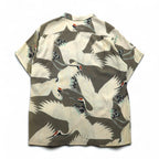 SUN SURF (Toyo Enterprises) Early Edition Japanese Crane Aloha Shirt with Old Tag, Size M, Khaki Rayon, 511, M3241B