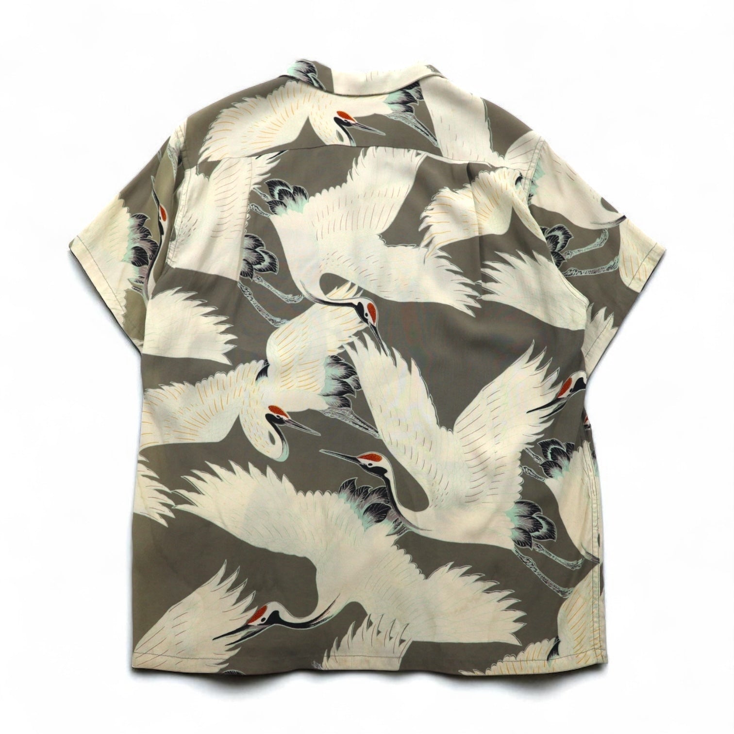 SUN SURF (Toyo Enterprises) Early Edition Japanese Crane Aloha Shirt with Old Tag, Size M, Khaki Rayon, 511, M3241B