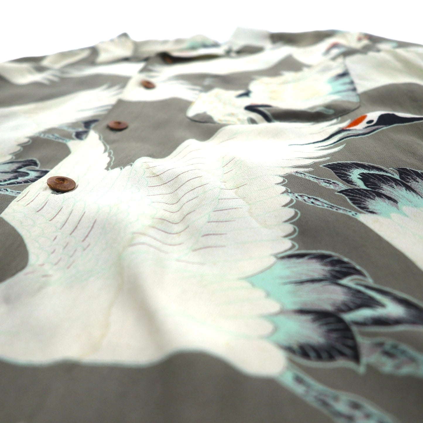 SUN SURF ( 東洋エンタープライズ ) 初期 旧タグ 和柄 鶴 アロハシャツ M カーキ レーヨン 511 M3241B